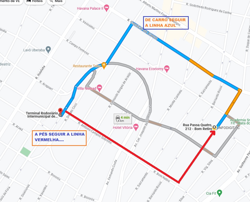 Mapa detalhado mostrando a rota da Rodoviária de Uberaba até a Pensão Pousada Dona Marlene