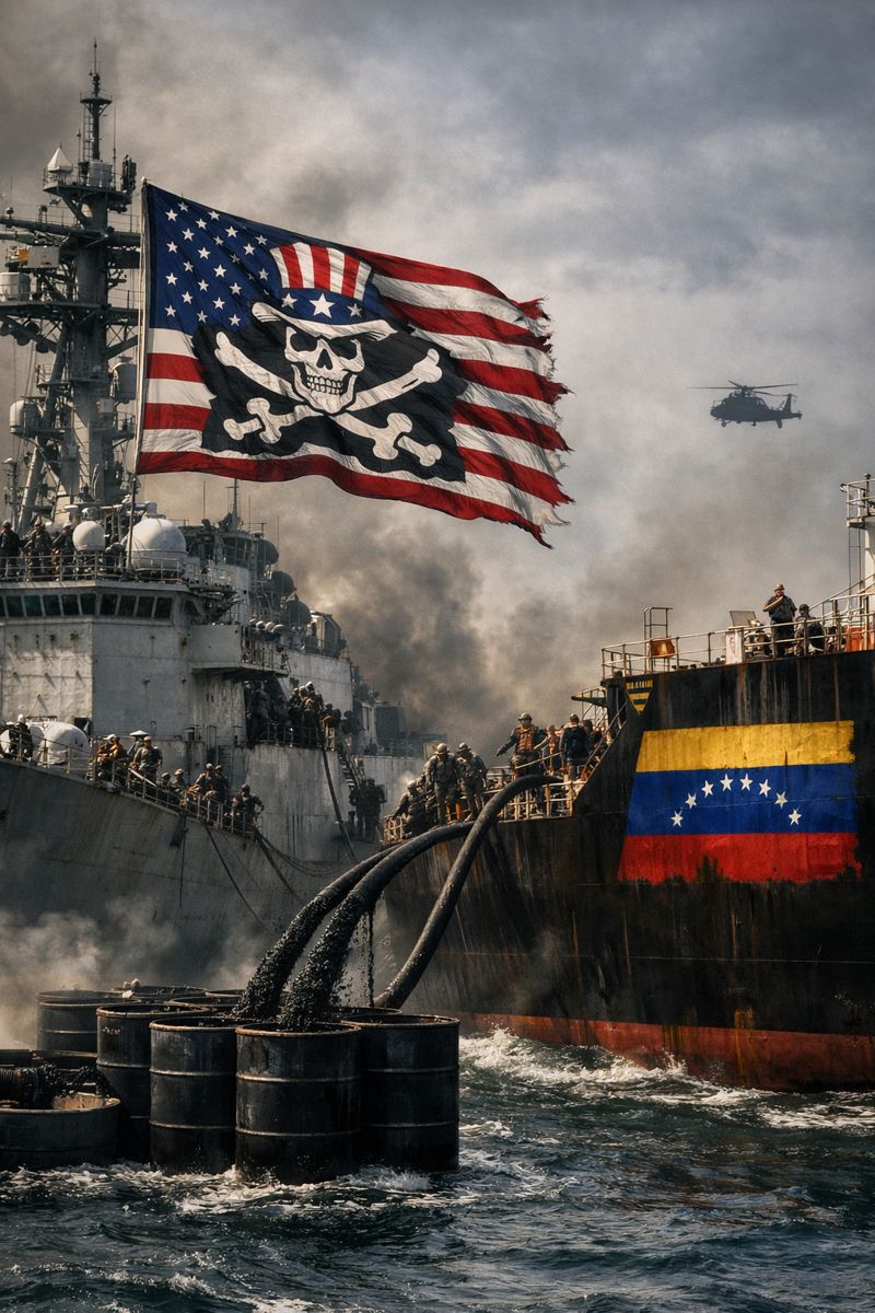 Bandeira dos EUA como bandeira pirata em navio de guerra roubando petróleo venezuelano