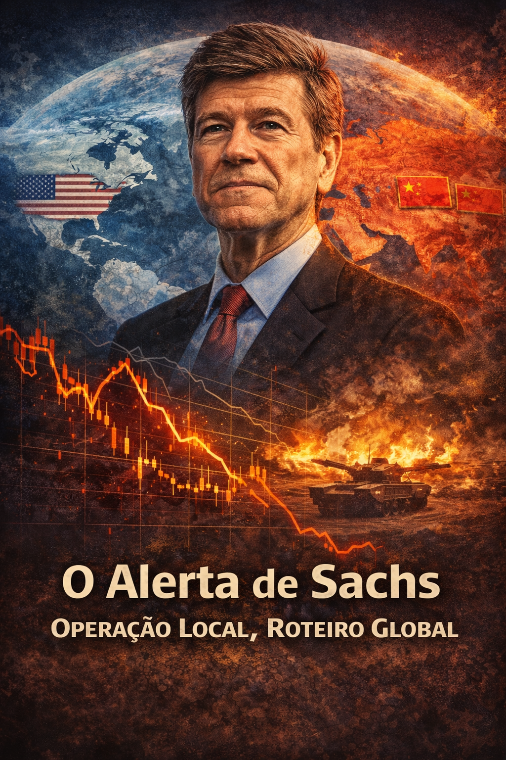 O Alerta de Sachs: Retrato de Jeffrey Sachs com gráficos e mapa-múndi
