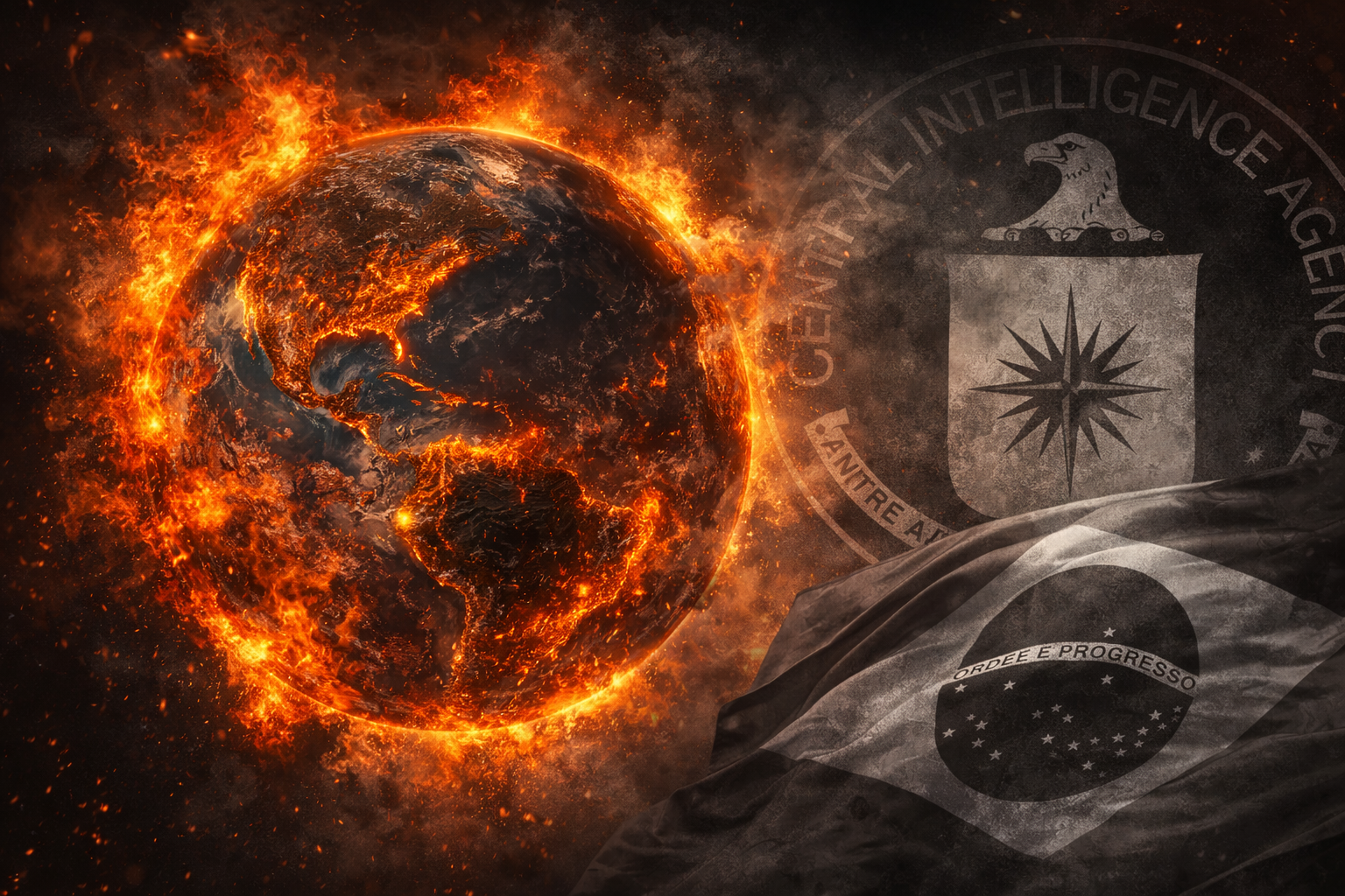 Mundo em chamas com logo da CIA e bandeira do Brasil em preto e branco