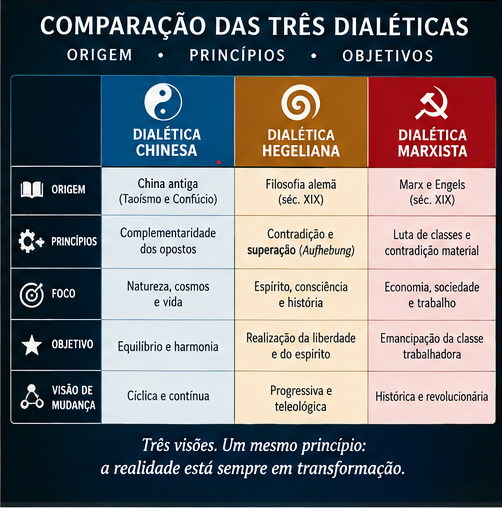 Infográfico comparando dialética chinesa, hegeliana e marxista