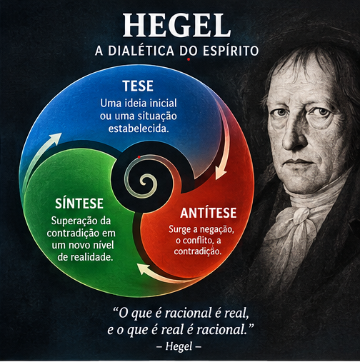 Diagrama em espiral da dialética hegeliana: Tese, Antítese e Síntese