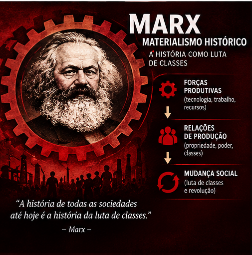 Engrenagem com rosto de Marx representando o materialismo histórico