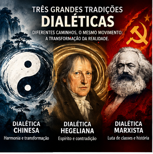Colagem com Yin-Yang, Hegel e Marx representando as três dialéticas